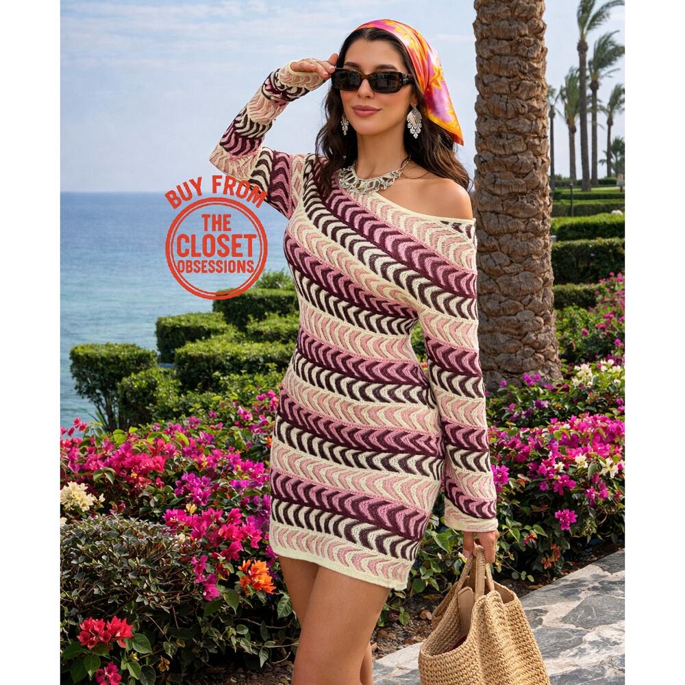 Zara NWT Striped Knit Off Shoulder Bodycon Mini Dress M Resort - Picture 2 of 16